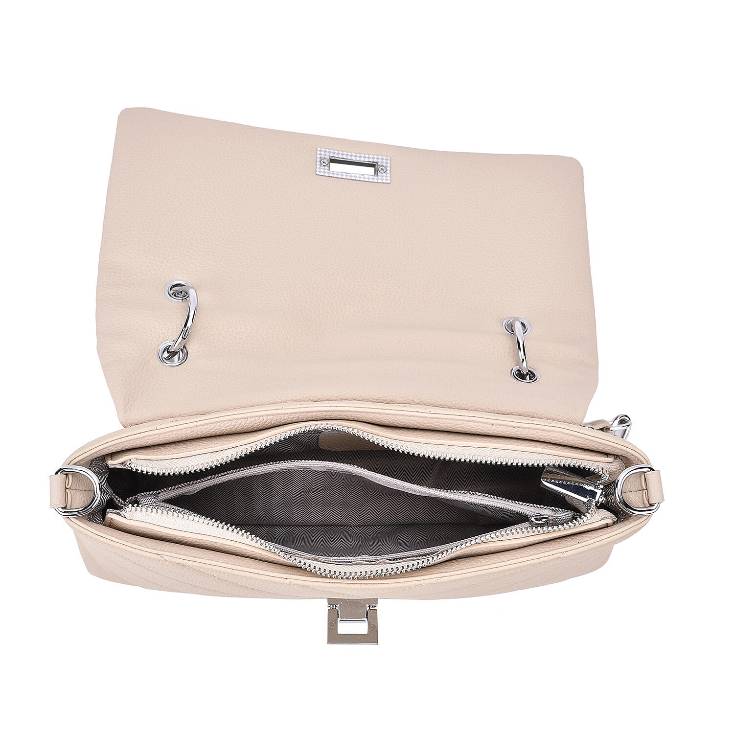 Elegant Genuine Leather Quilted Chevron Pattern Shoulder Bag with Chain Strap - Beige