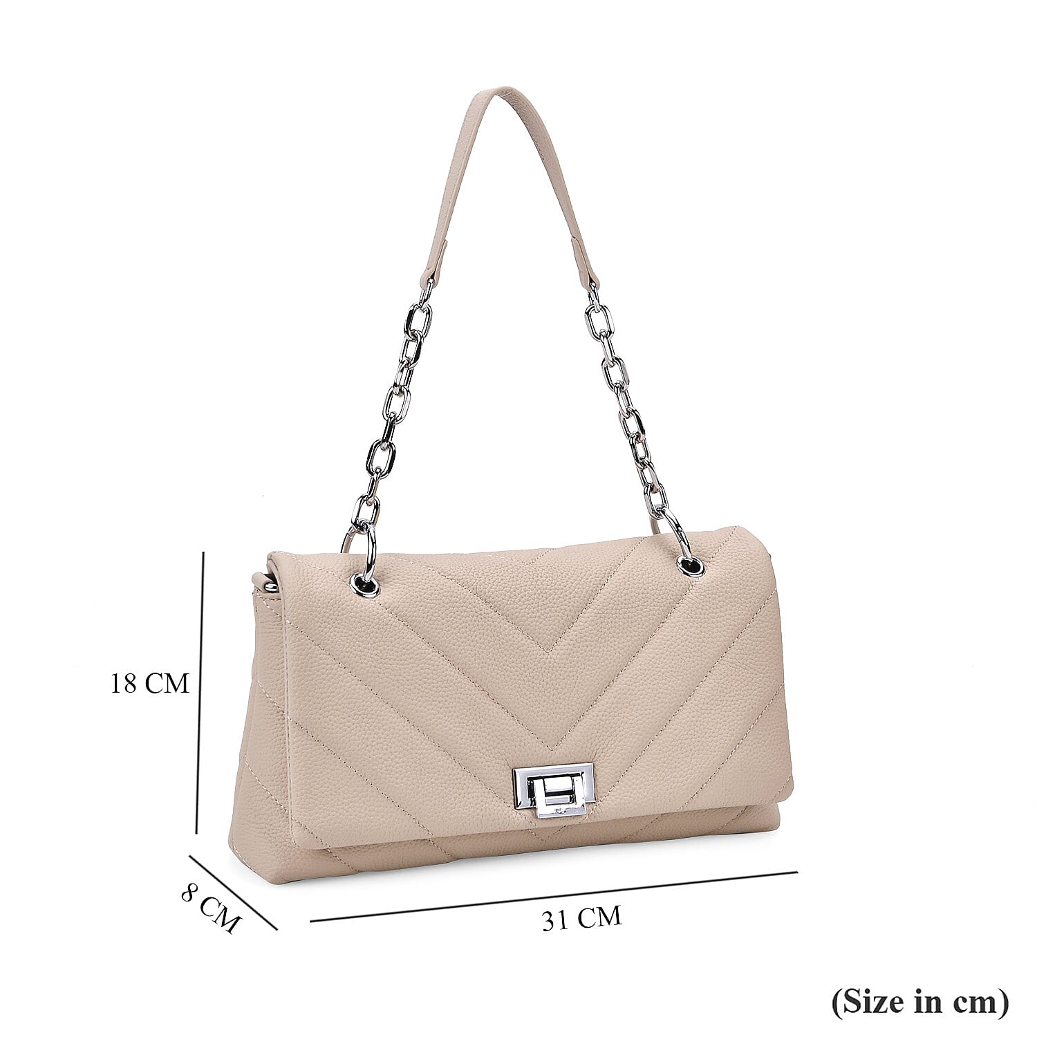 Elegant Genuine Leather Quilted Chevron Pattern Shoulder Bag with Chain Strap - Beige