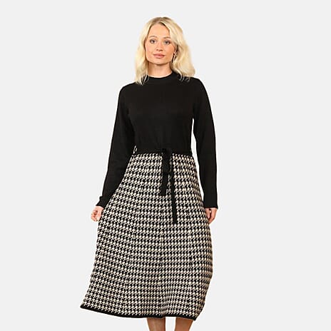 Anamor Elegant Houndstooth Knitted Dress (Size - M-L) - Black