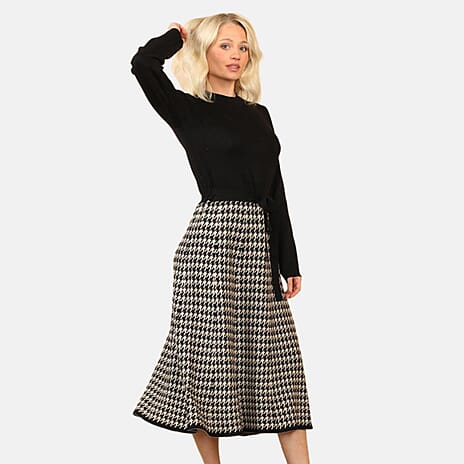 Elegant Houndstooth Knitted Dress (Size - L-XL) - Black