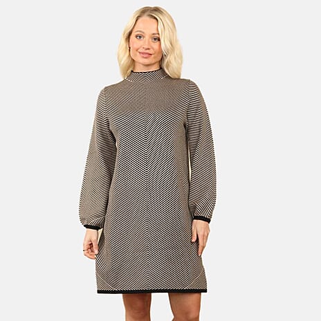 Anamor Classic Striped Knitted Midi Dress (Size - M-L) - Beige