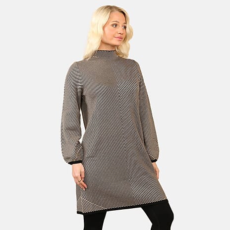 Anamor Classic Striped Knitted Midi Dress (Size - L-XL) - Beige