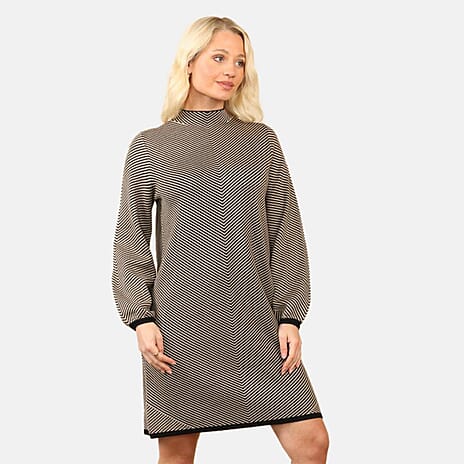 Anamor Classic Striped Knitted Midi Dress (Size - L-XL) - Beige