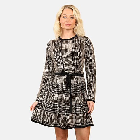 Anamor Vintage Checkered Knitted Midi Dress (Size - M-L) - Beige