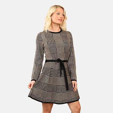Anamor Vintage Checkered Knitted Midi Dress (Size - M-L) - Beige