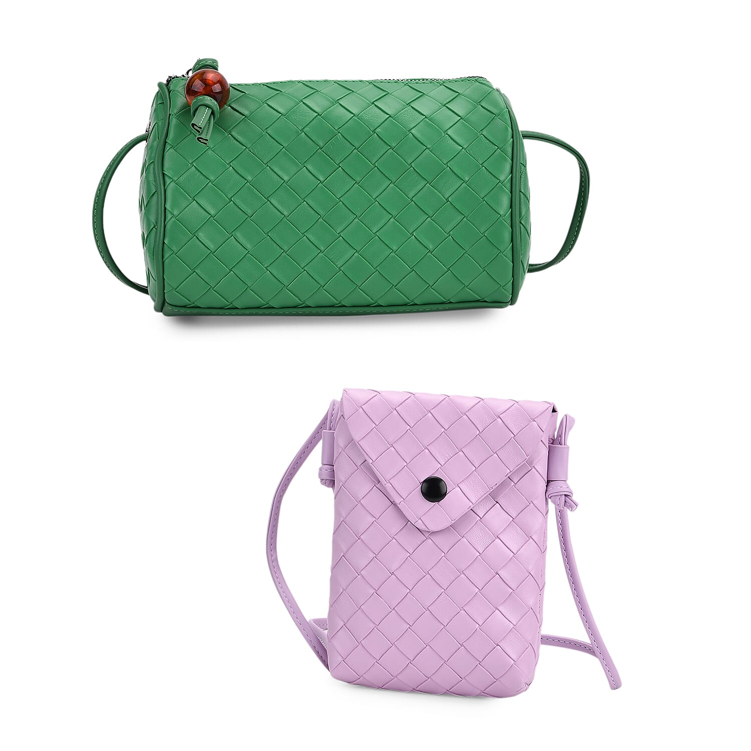 Set of 2 Woven Pattern Leatherette Crossbody Bags - Light Purple - Green