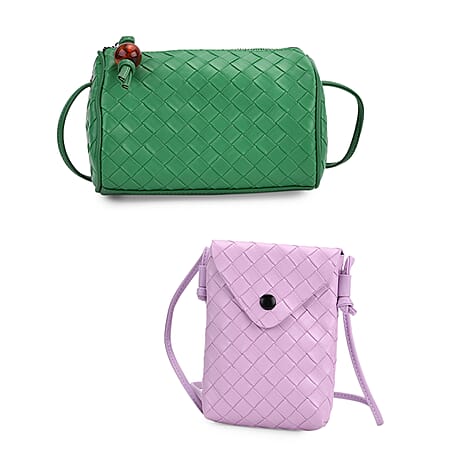Set of 2 Woven Pattern Leatherette Crossbody Bags - Light Purple - Green