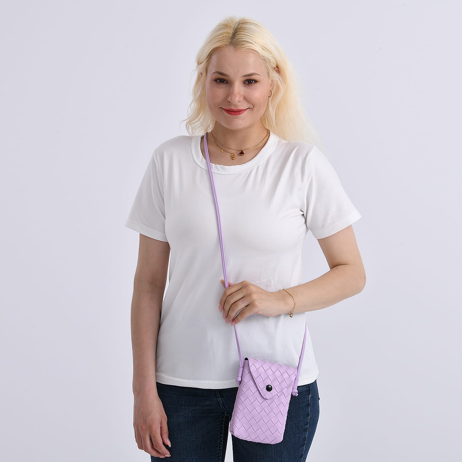 Set of 2 Woven Pattern Leatherette Crossbody Bags - Light Purple - Green