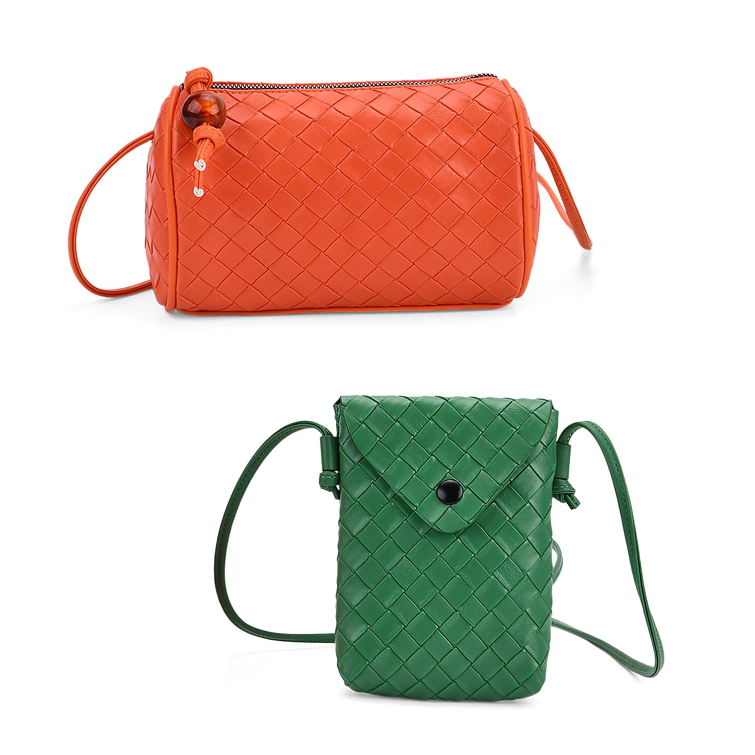 Set of 2 Woven Pattern Leatherette Crossbody Bags - Green - Orange