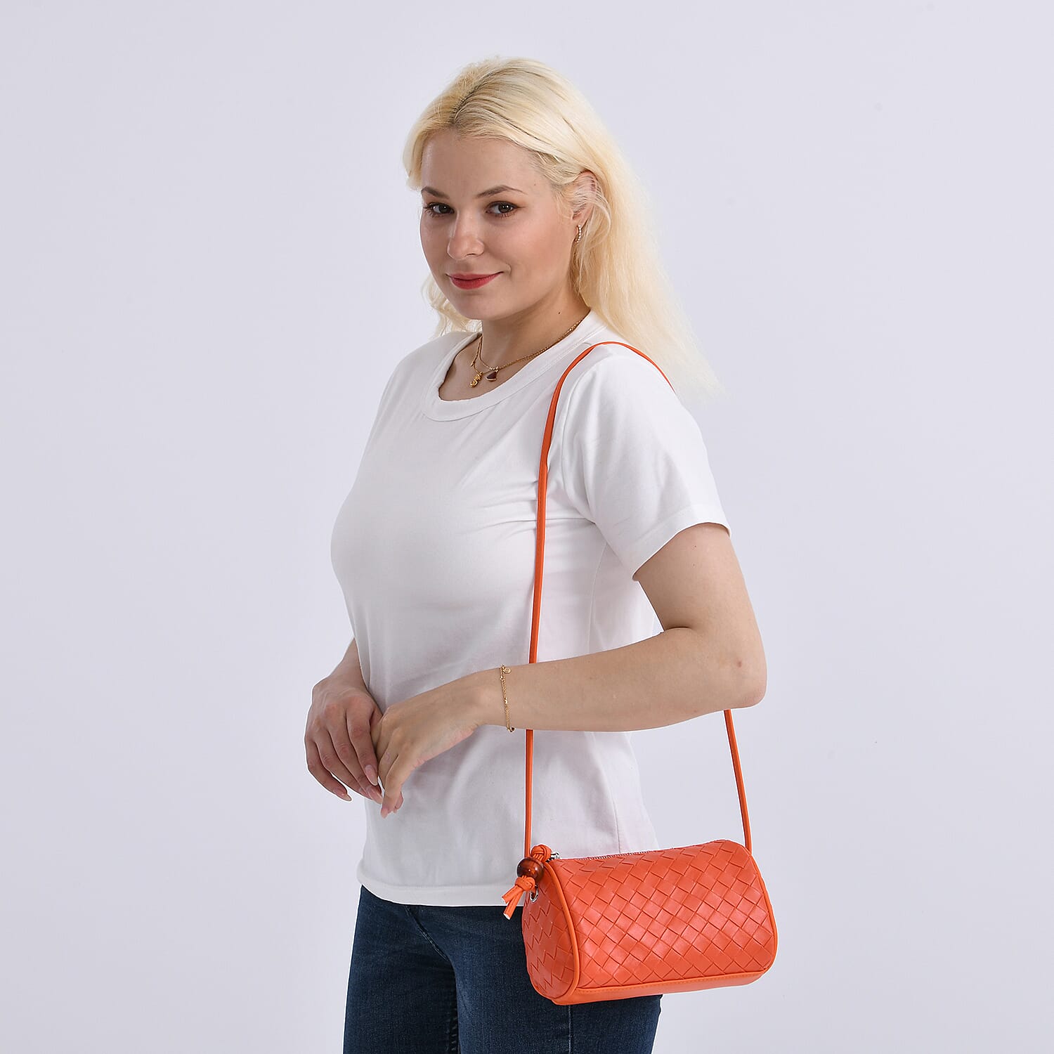 Set of 2 Woven Pattern Leatherette Crossbody Bags - Green - Orange