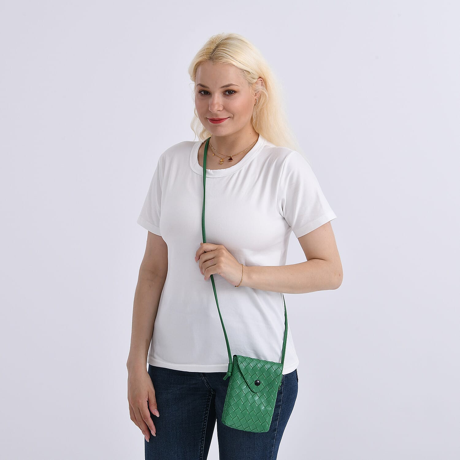 Set of 2 Woven Pattern Leatherette Crossbody Bags - Green - Orange