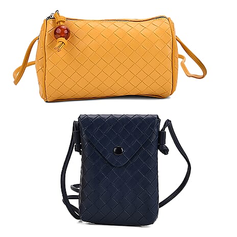 Set of 2 Womens Quilted Mini Handbag - Yellow - Navy