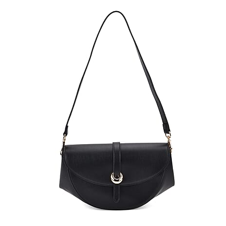 Genuine Leather Shoulder Bag with Curved Design - Black