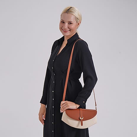 Genuine Leather Shoulder Bag with Two-Tone Curved Design - Tan & Beige