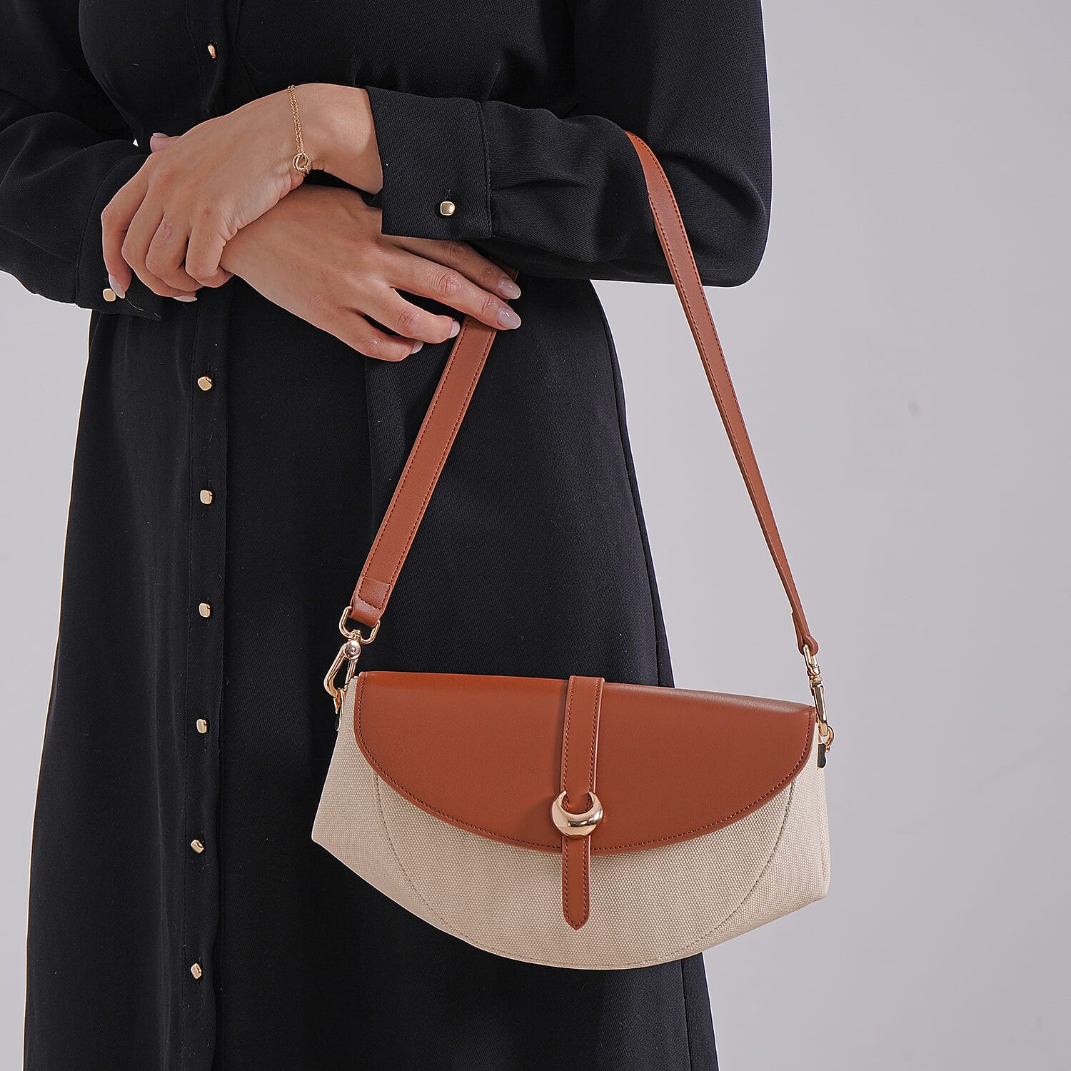 Genuine Leather Shoulder Bag with Two-Tone Curved Design - Tan & Beige