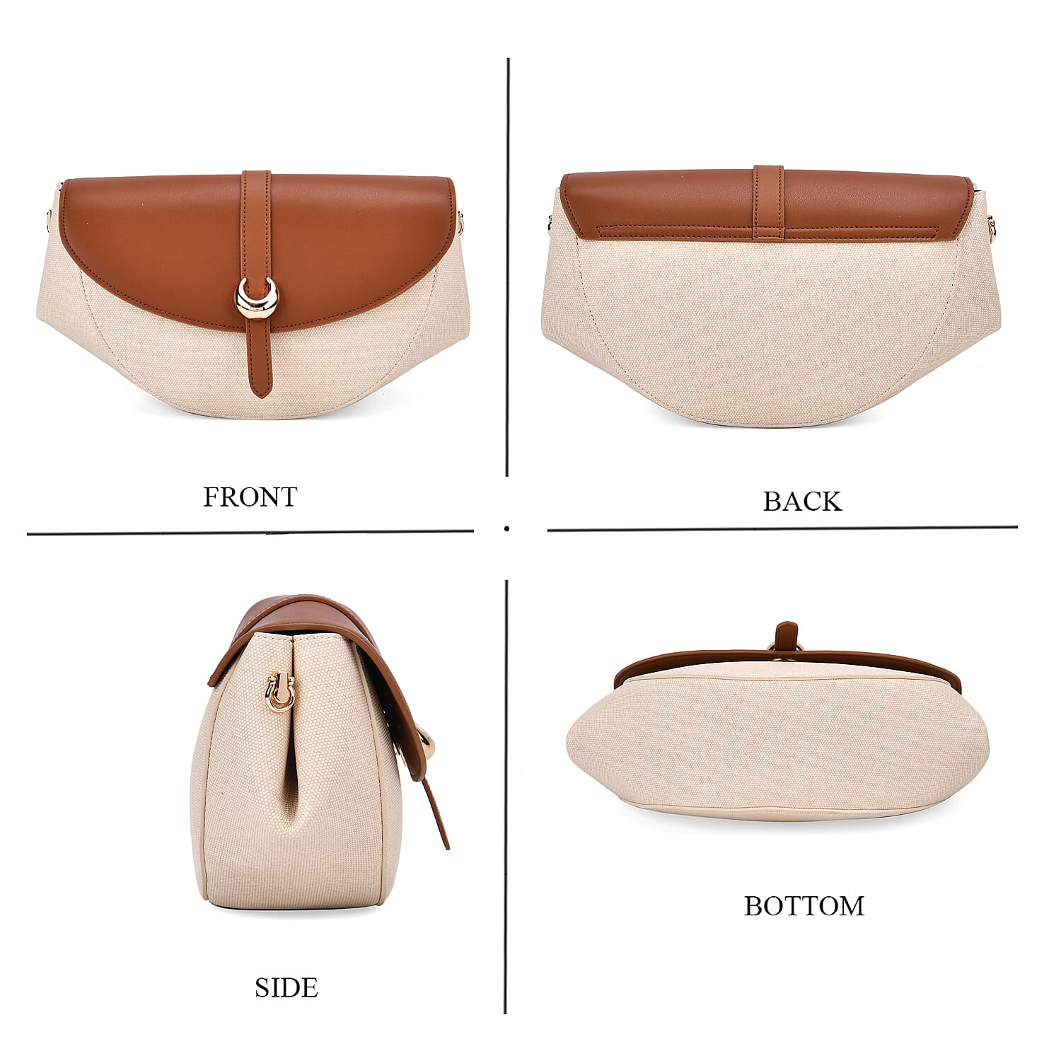 Genuine Leather Shoulder Bag with Two-Tone Curved Design - Tan & Beige