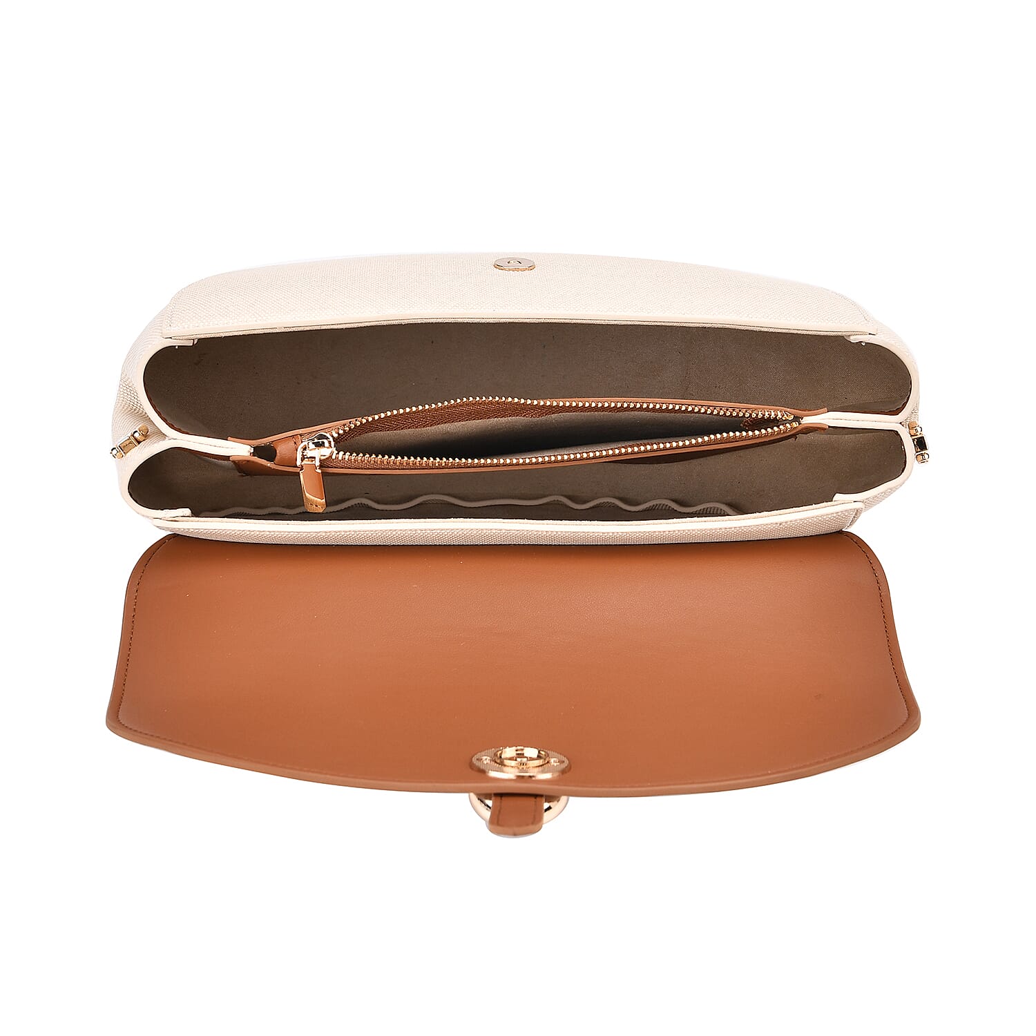 Genuine Leather Shoulder Bag with Two-Tone Curved Design - Tan & Beige