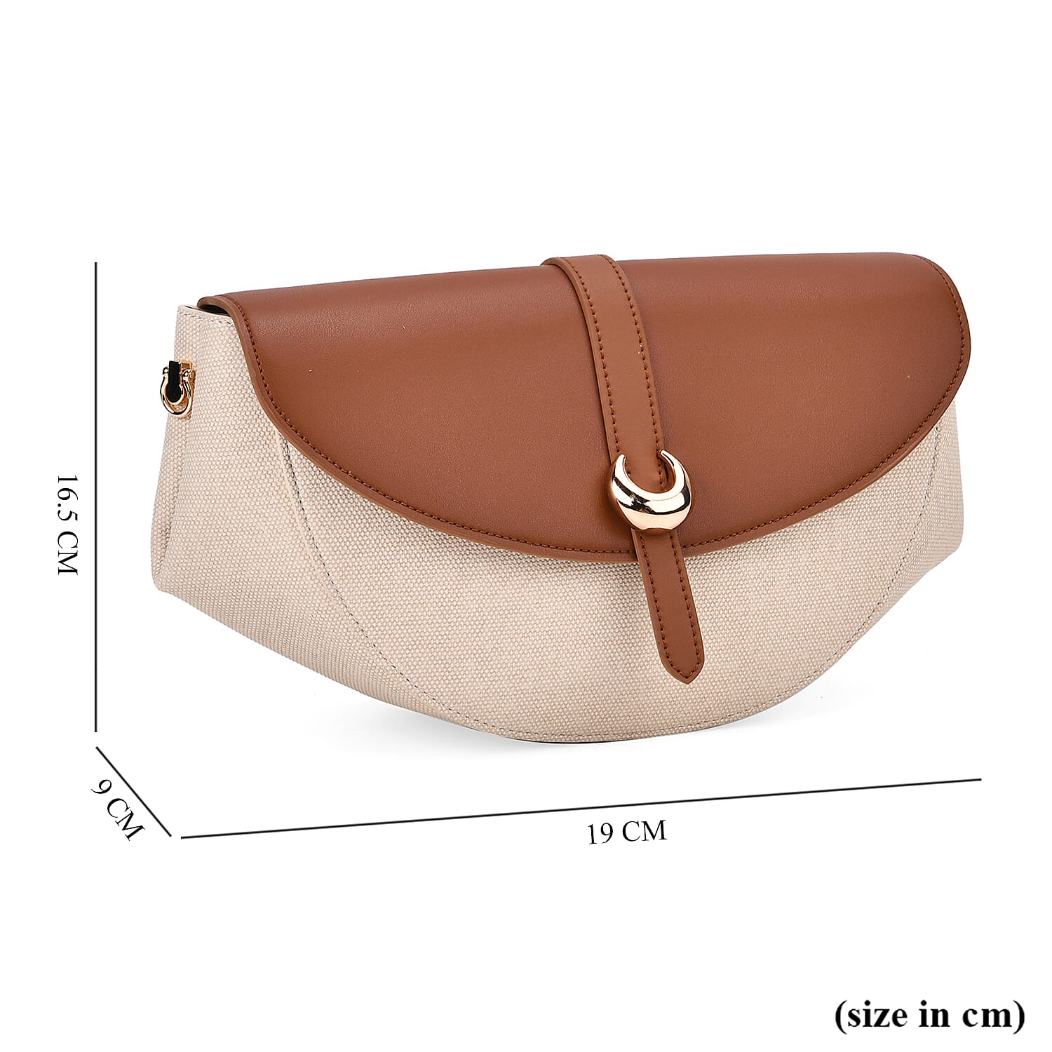 Genuine Leather Shoulder Bag with Two-Tone Curved Design - Tan & Beige