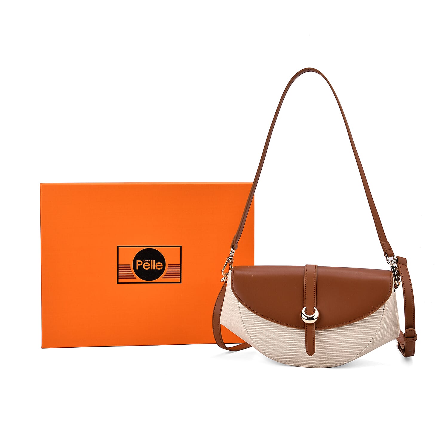 Genuine Leather Shoulder Bag with Two-Tone Curved Design - Tan & Beige