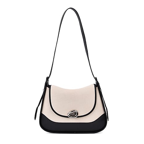Elegant Genuine Leather Shoulder Bag with Twist Lock - White with Black Trim