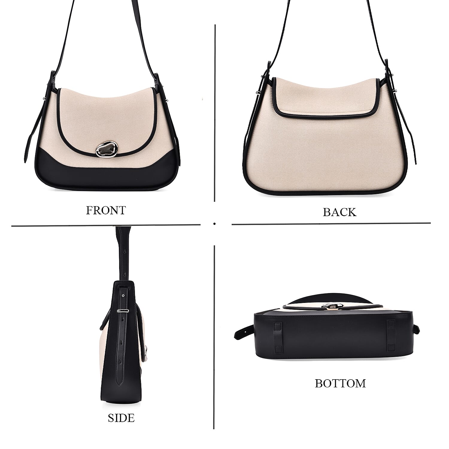 Elegant Genuine Leather Shoulder Bag with Twist Lock - White with Black Trim