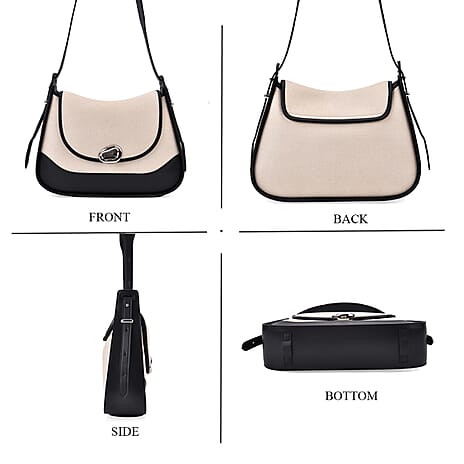 Elegant Genuine Leather Shoulder Bag with Twist Lock - White with Black Trim