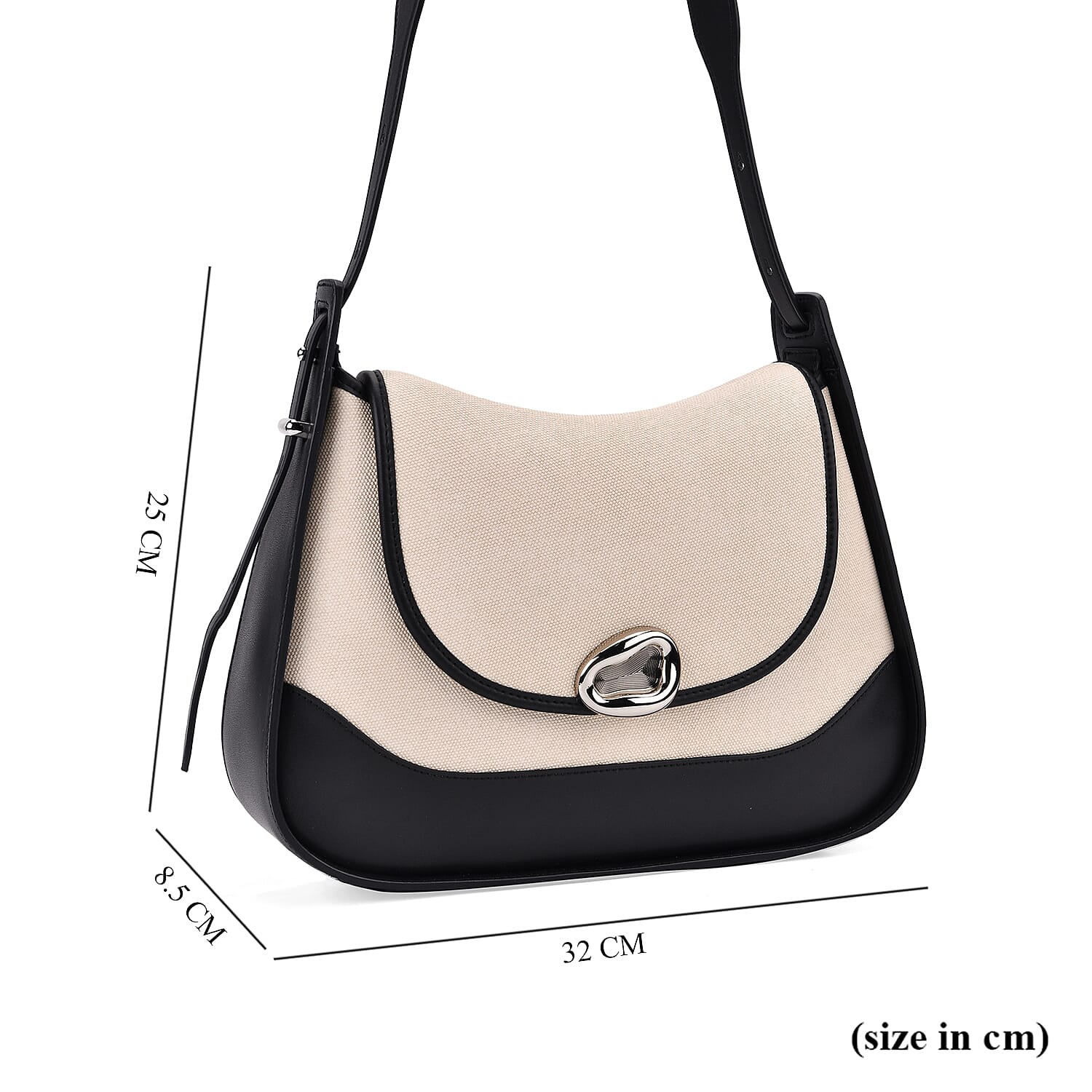 Elegant Genuine Leather Shoulder Bag with Twist Lock - White with Black Trim