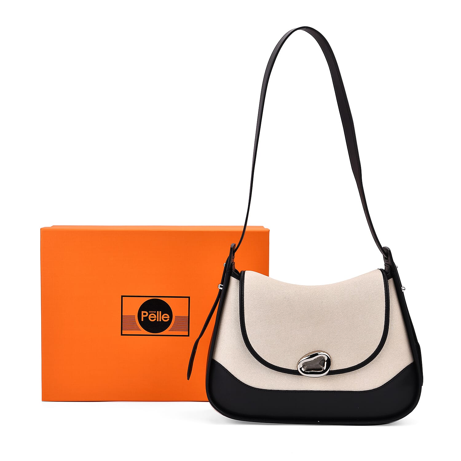 Elegant Genuine Leather Shoulder Bag with Twist Lock - White with Black Trim