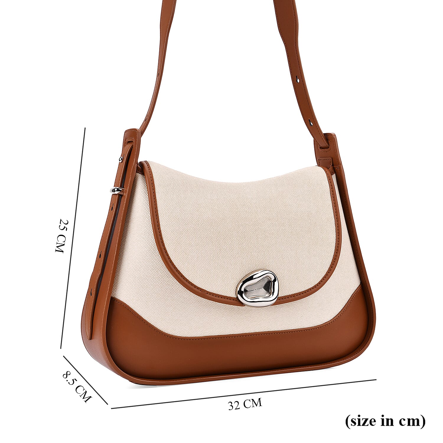 Elegant Genuine Leather Shoulder Bag with Twist Lock - White with TanTrim