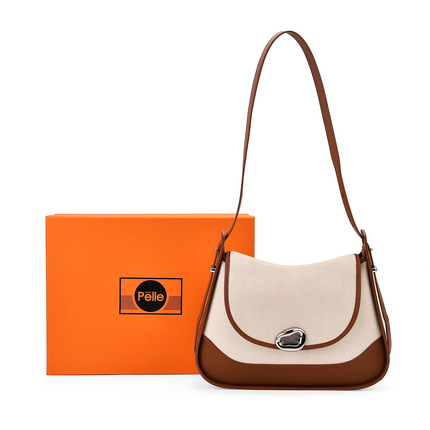 Elegant Genuine Leather Shoulder Bag with Twist Lock - White with TanTrim