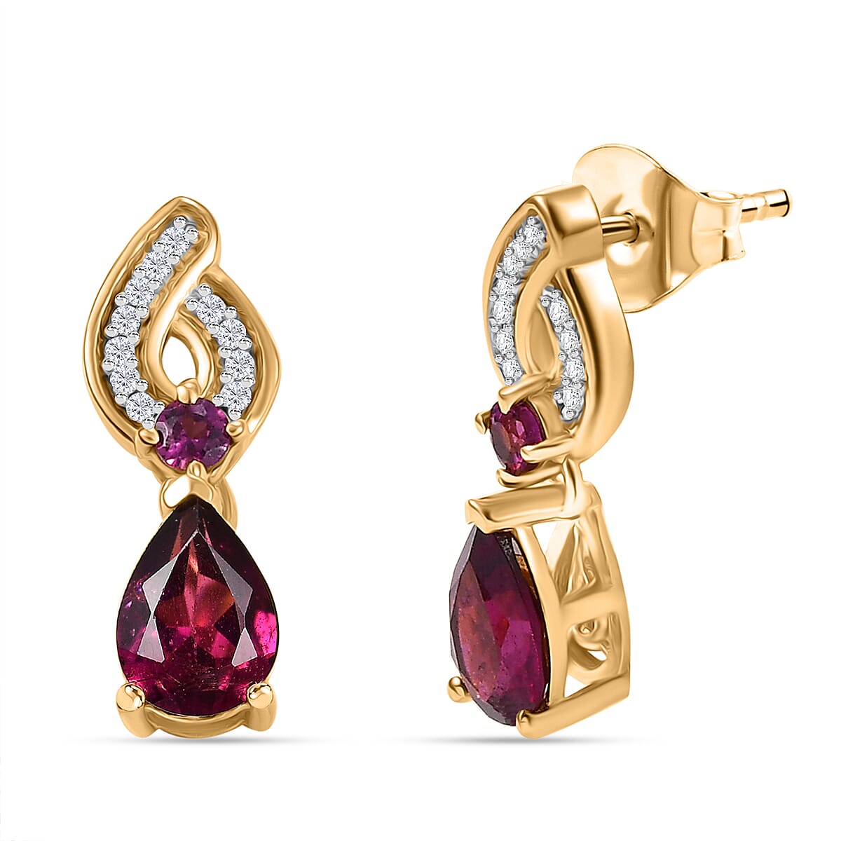 Orissa Natural Rhodolite Garnet & White Zircon Dangling Earring with Push Back in 18K Vermeil Yellow Gold Plated Sterling Silver 2.45 Ct.