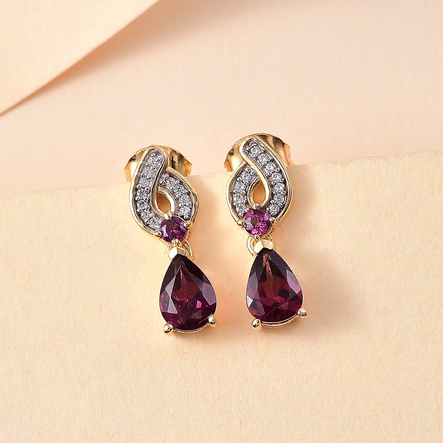 Orissa Natural Rhodolite Garnet & White Zircon Dangling Earring with Push Back in 18K Vermeil Yellow Gold Plated Sterling Silver 2.45 Ct.