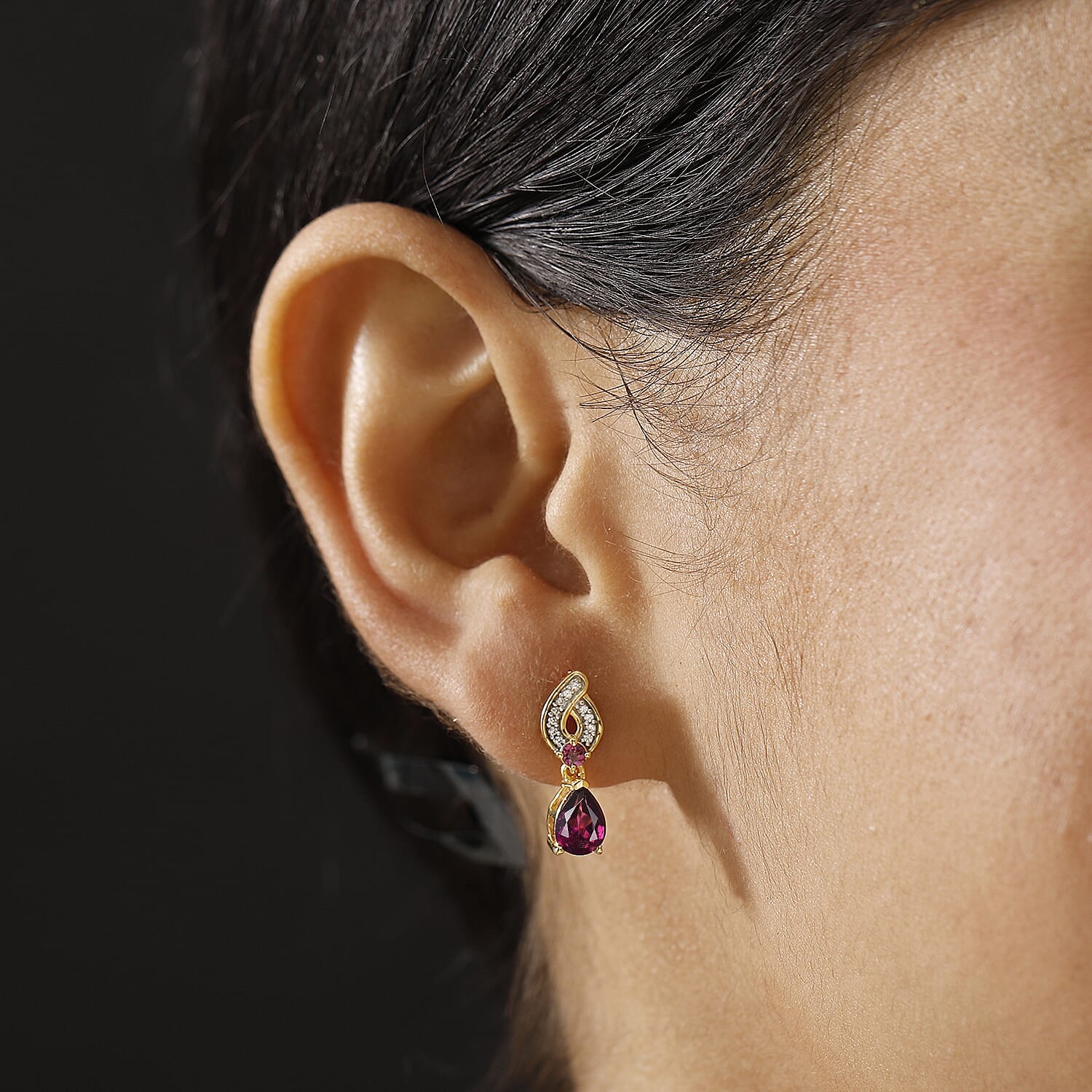 Orissa Natural Rhodolite Garnet & White Zircon Dangling Earring with Push Back in 18K Vermeil Yellow Gold Plated Sterling Silver 2.45 Ct.