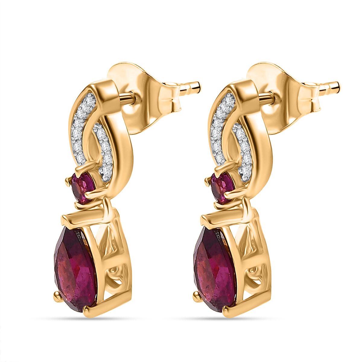 Orissa Natural Rhodolite Garnet & White Zircon Dangling Earring with Push Back in 18K Vermeil Yellow Gold Plated Sterling Silver 2.45 Ct.