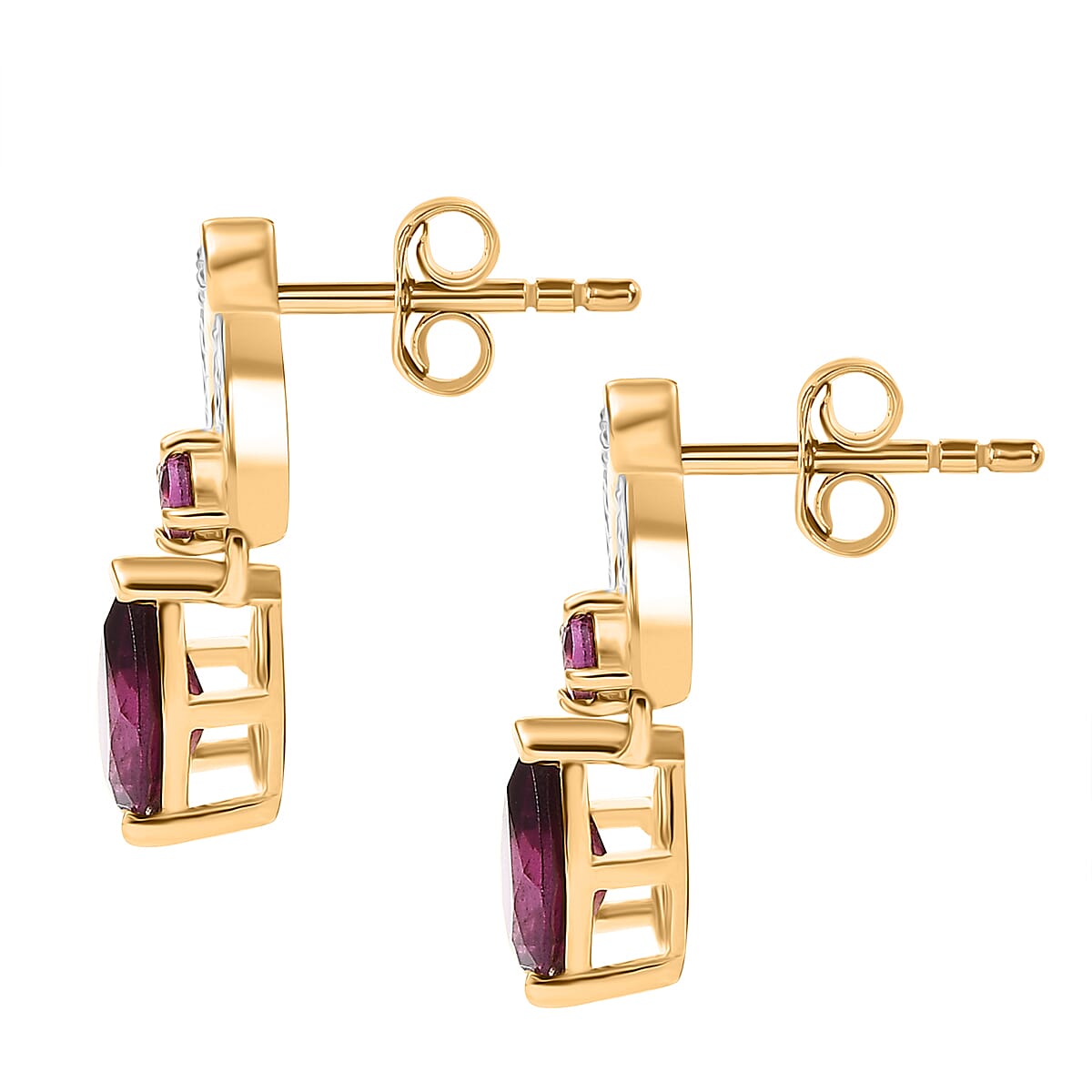 Orissa Natural Rhodolite Garnet & White Zircon Dangling Earring with Push Back in 18K Vermeil Yellow Gold Plated Sterling Silver 2.45 Ct.