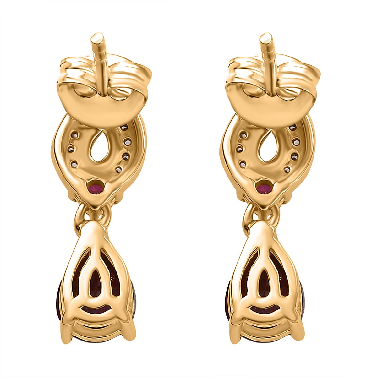 Orissa Natural Rhodolite Garnet & White Zircon Dangling Earring with Push Back in 18K Vermeil Yellow Gold Plated Sterling Silver 2.45 Ct.