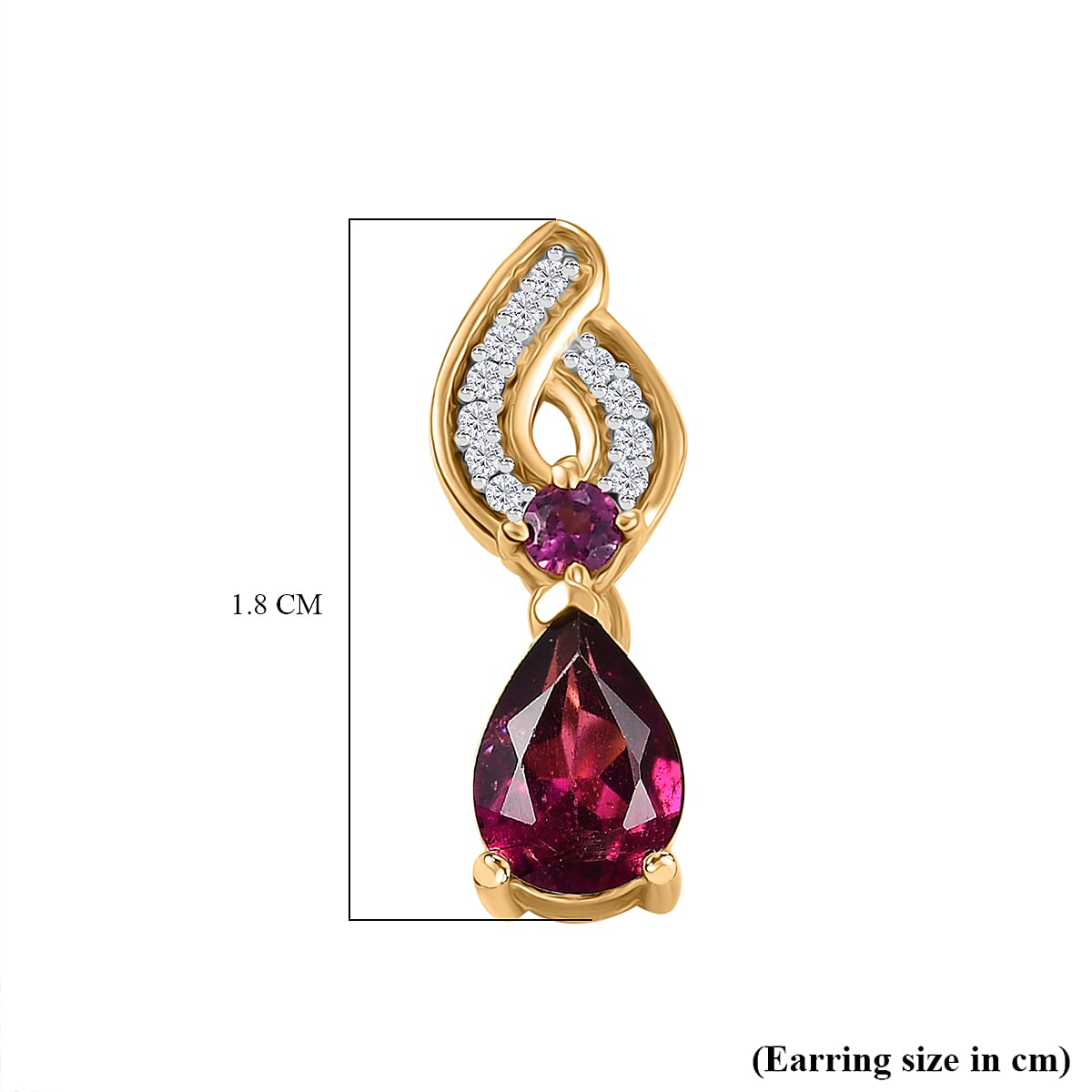 Orissa Natural Rhodolite Garnet & White Zircon Dangling Earring with Push Back in 18K Vermeil Yellow Gold Plated Sterling Silver 2.45 Ct.