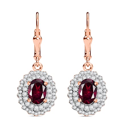 Orissa Natural Rhodolite Garnet & White Zircon Solitaire Lever Back Earring in 18K Vermeil Rose Gold Plated Sterling Silver 4.06 Ct.