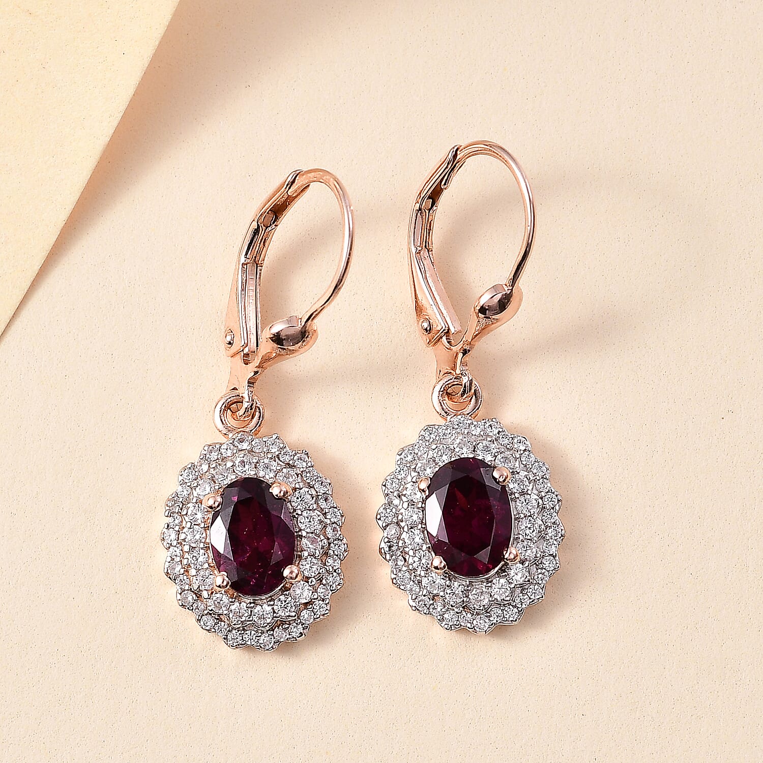 Orissa Natural Rhodolite Garnet & White Zircon Solitaire Lever Back Earring in 18K Vermeil Rose Gold Plated Sterling Silver 4.06 Ct.