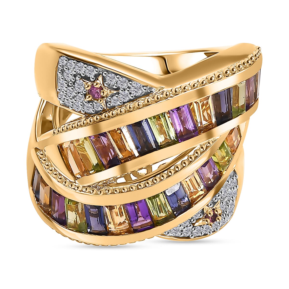 GP Celestial Collection - African Amethyst & Multi Gemstones Cluster Ring in 18K Vermeil Yellow Gold Plated Sterling Silver 2.57 Ct, Silver Wt. 10.32 Gms.