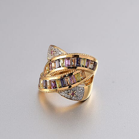 GP Celestial Collection - African Amethyst & Multi Gemstones Cluster Ring in 18K Vermeil Yellow Gold Plated Sterling Silver 2.57 Ct, Silver Wt. 10.32 Gms.