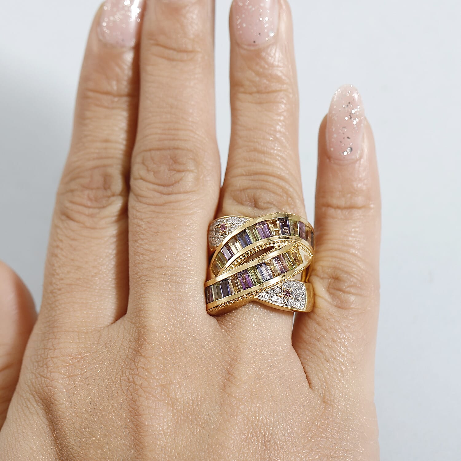 GP Celestial Collection - African Amethyst & Multi Gemstones Cluster Ring in 18K Vermeil Yellow Gold Plated Sterling Silver 2.57 Ct, Silver Wt. 10.32 Gms.