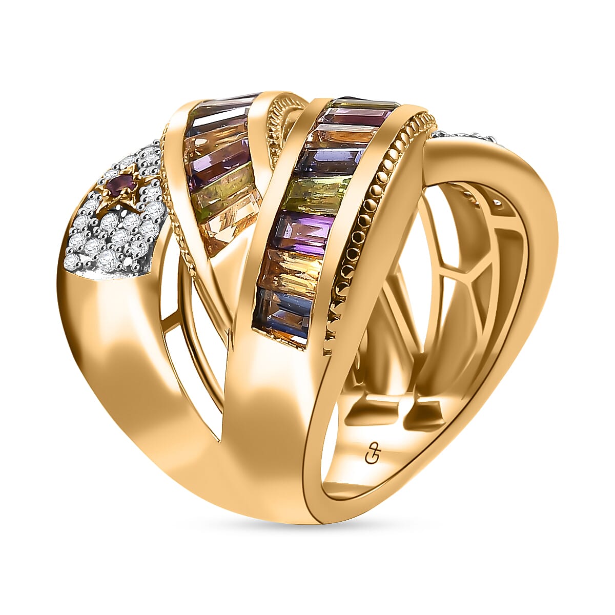 GP Celestial Collection - African Amethyst & Multi Gemstones Cluster Ring in 18K Vermeil Yellow Gold Plated Sterling Silver 2.57 Ct, Silver Wt. 10.32 Gms.