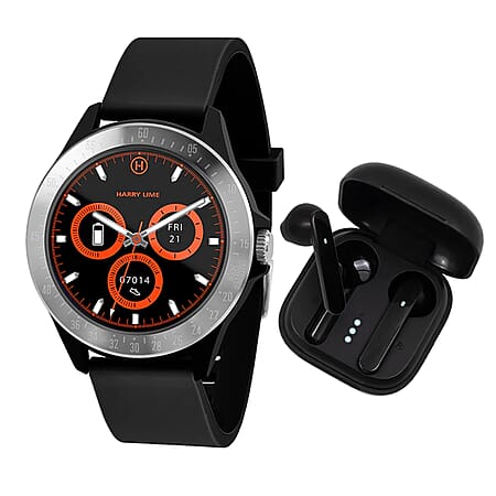 Harry Lime Fashion Smart Watch in Black Featuring Black True Wireless Earbuds in Charging Case