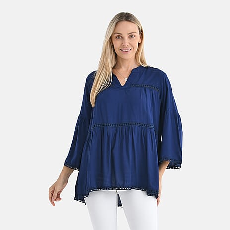 Tamsy V-Neck Loose Fit Top with Crochet Trim (One Size) - Navy