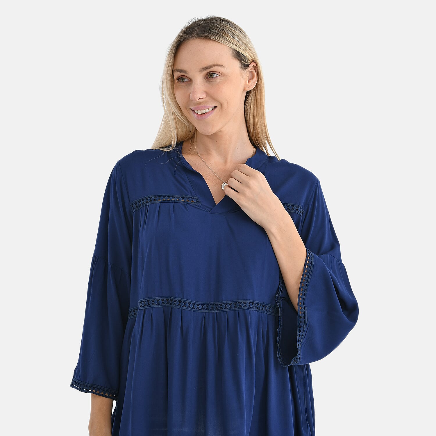 Tamsy Spring V-Neck Loose Fit Top with Crochet Trim (One Size) - Navy Tamsy Spring V-Neck Loose Fit Top with Crochet Trim (One Size) - Navy