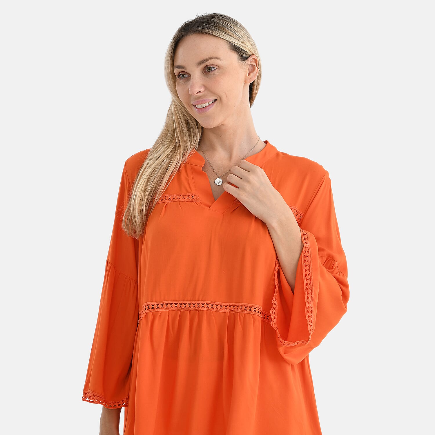Tamsy Spring V-Neck Loose Fit Top with Crochet Trim (One Size) - Orange Tamsy Spring V-Neck Loose Fit Top with Crochet Trim (One Size) - Orange
