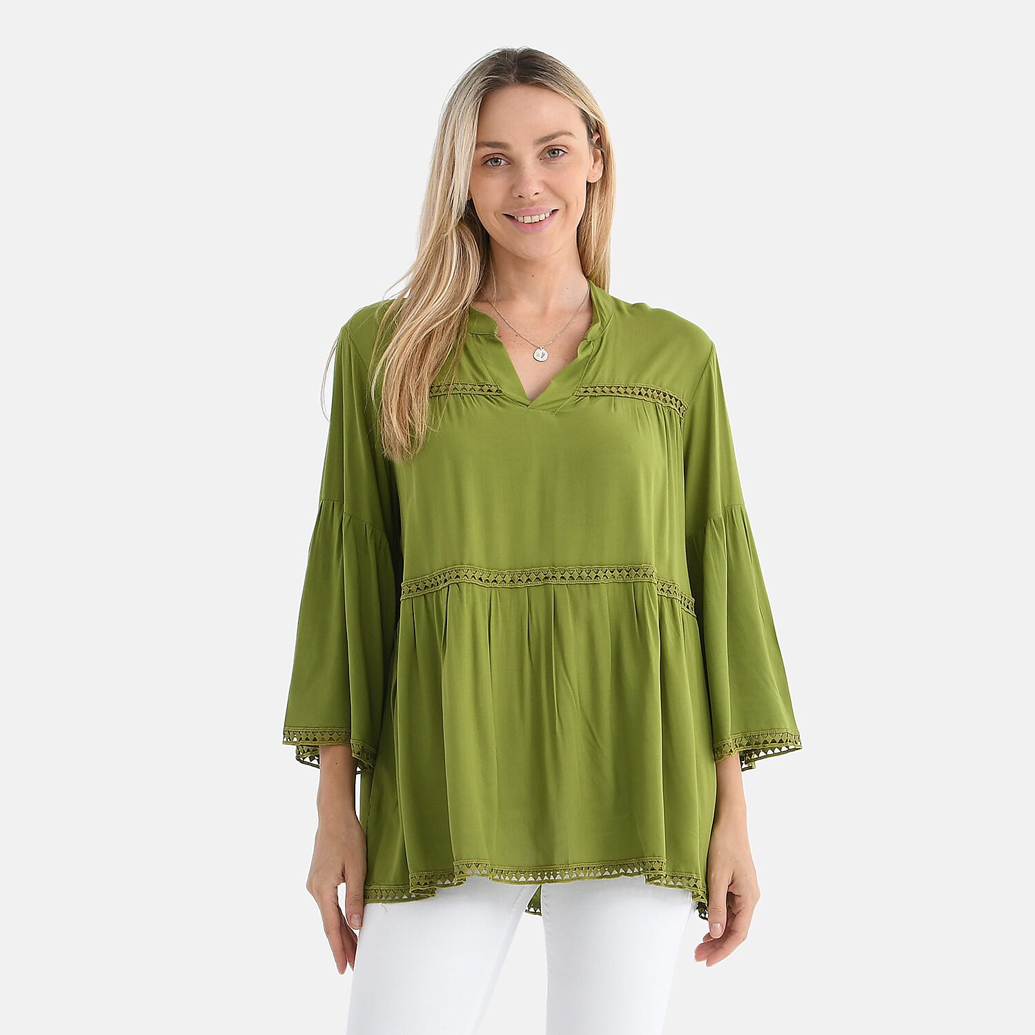 Tamsy V-Neck Loose Fit Top with Crochet Trim (One Size) - Green