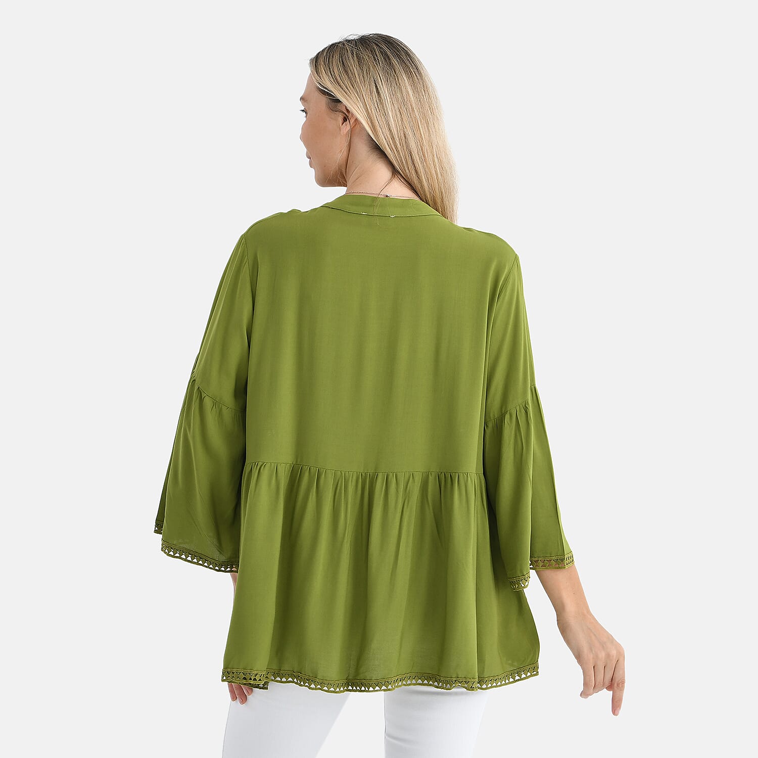 Tamsy V-Neck Loose Fit Top with Crochet Trim (One Size) - Green