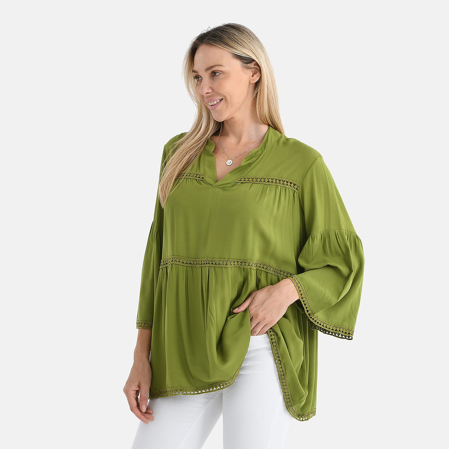 Tamsy V-Neck Loose Fit Top with Crochet Trim (One Size) - Green